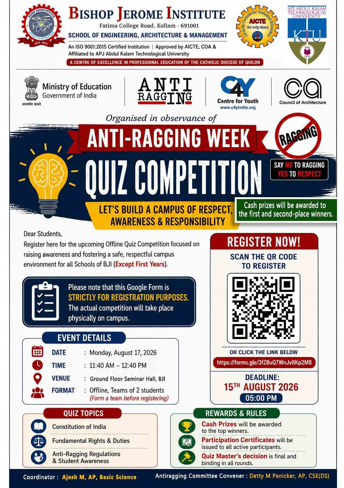 Say NO to Ragging, Say YES to Respect: Anti-Ragging Week Quiz Competition 2026